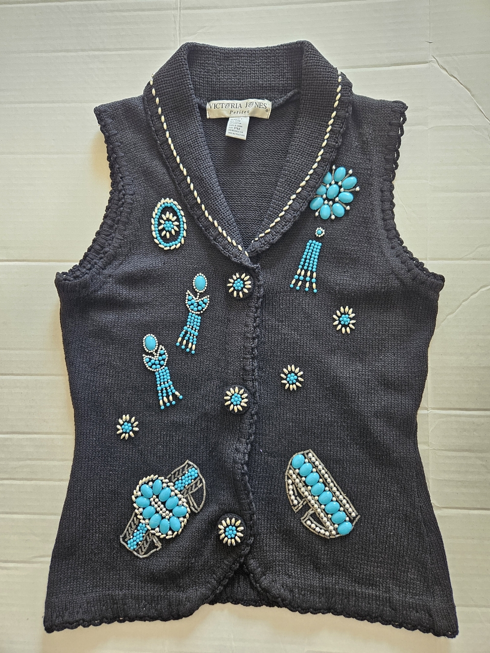 Vintage 90s Victoria Jones Turquoise Beaded Southwestern Knit Vest PM